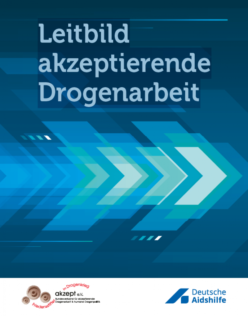 Blaue Pfeile auf blauem Hintergrund. Logo von Akzept und der Deutschen Aidshilfe. Titel "Leitbild akzeptierende Drogenarbeit"