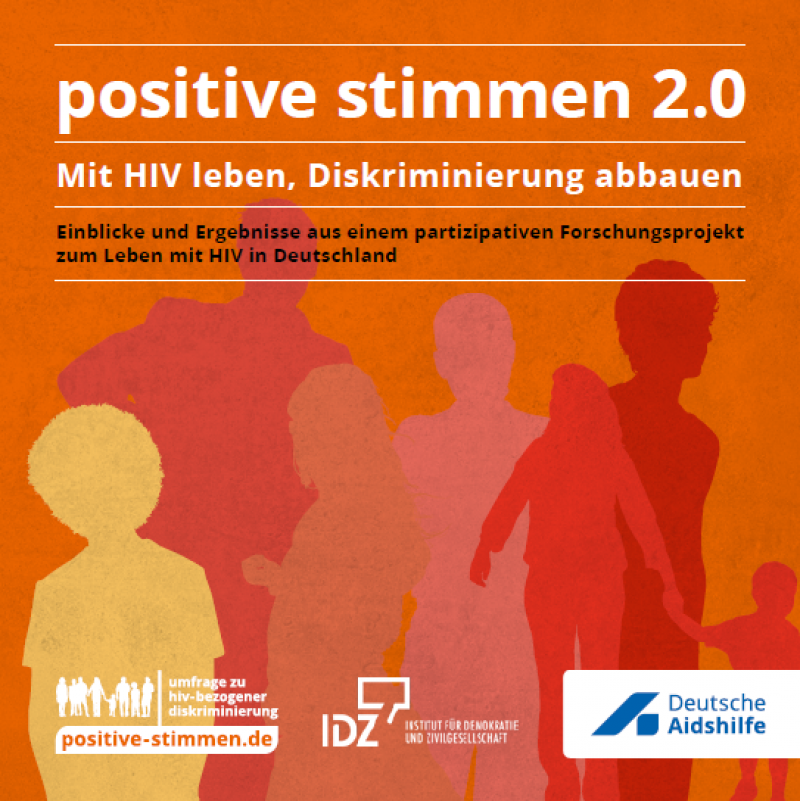Schattenrisse von verschiedenen Menschen auf orangem Hintergrund. Titel "positive stimmen 2.0 - Mit HIV leben, Diskriminierung abbauen"