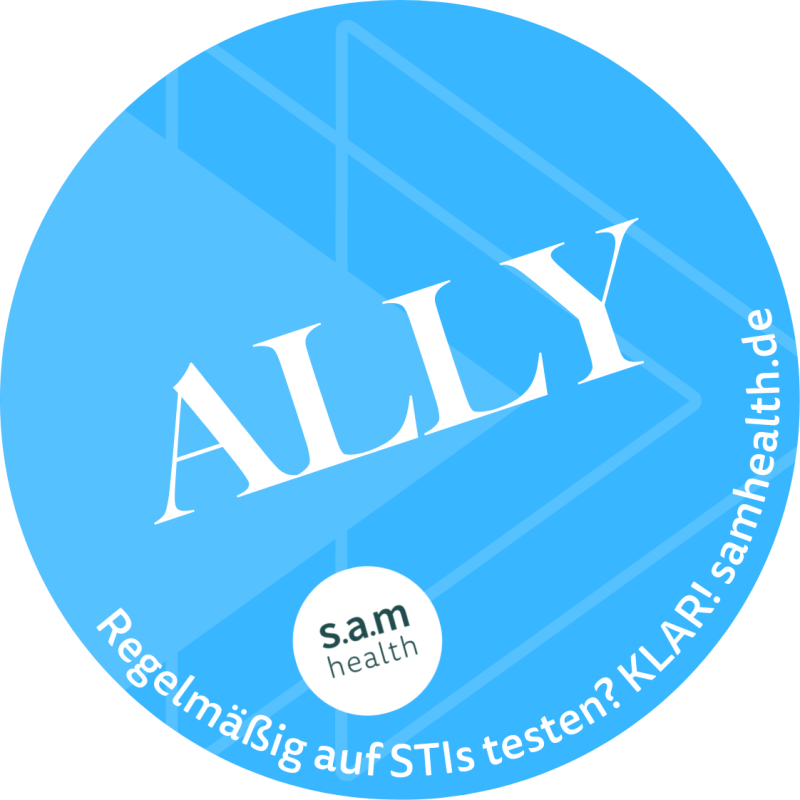Blauer Hintergrund. Aufdruck "ALLY". Zweiter Satz "Regelmäßig auf STIs testen? KLAR! samhealth.de"