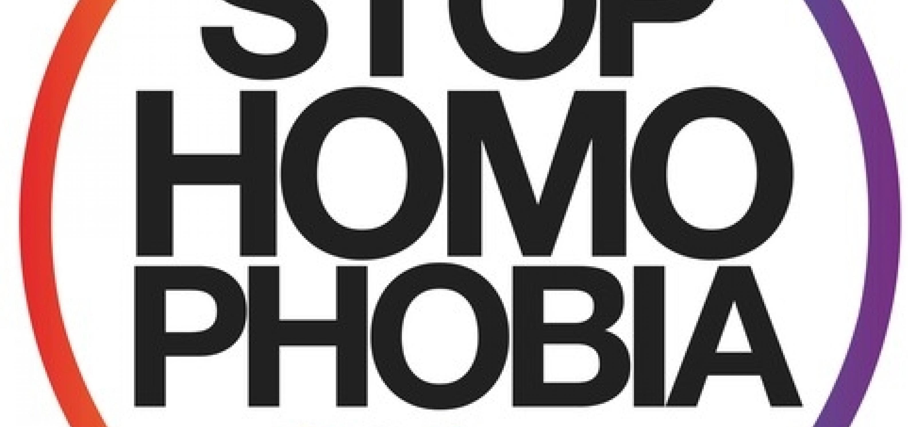 Logo der Demo mit der Aufschrift: Stop Homophobia und olympischen Ringen