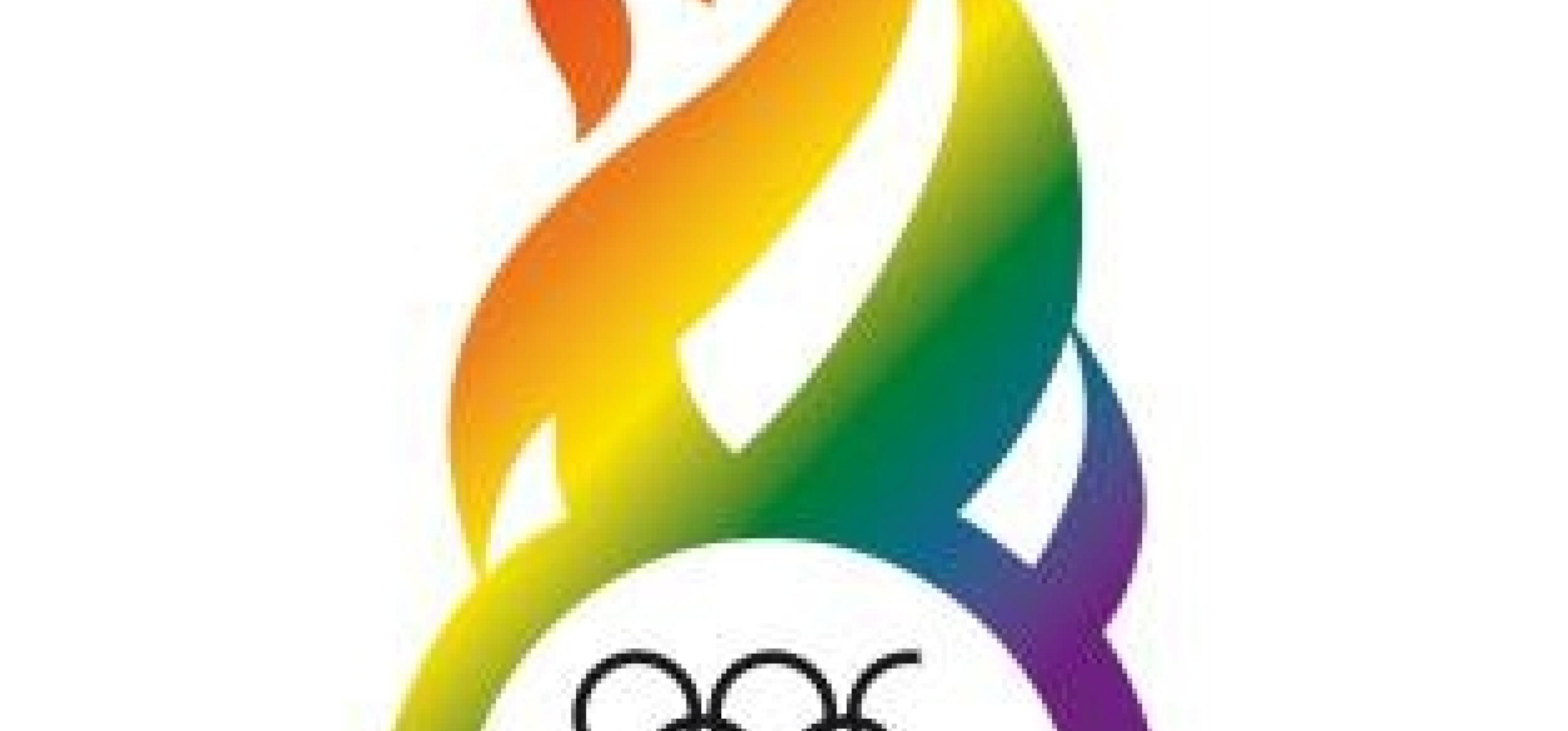 Flamme in Regenbogenfarben mit olympischen Ringen