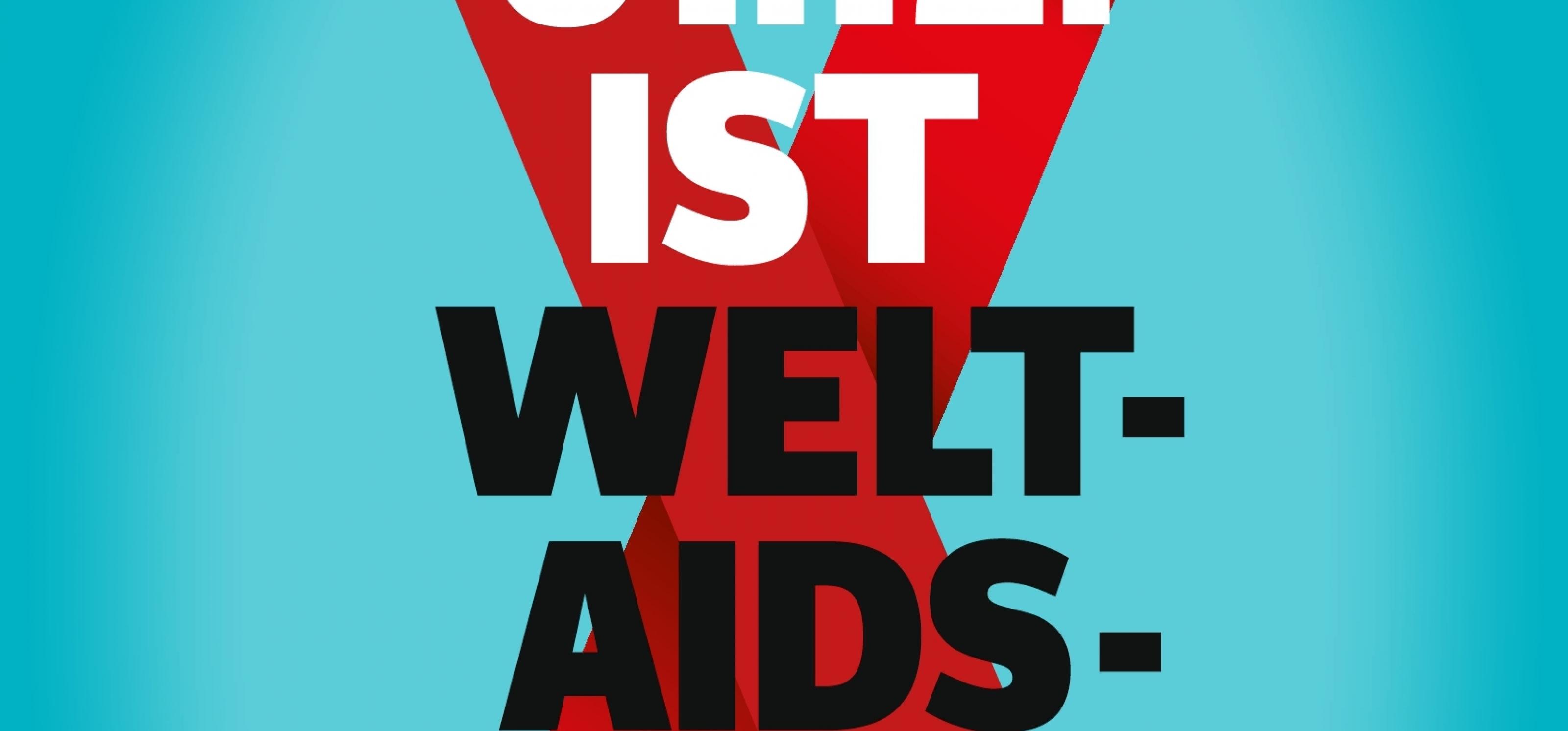 Rote Schleife mit Schrift: Am 1.12. ist Welt-Aids-Tag