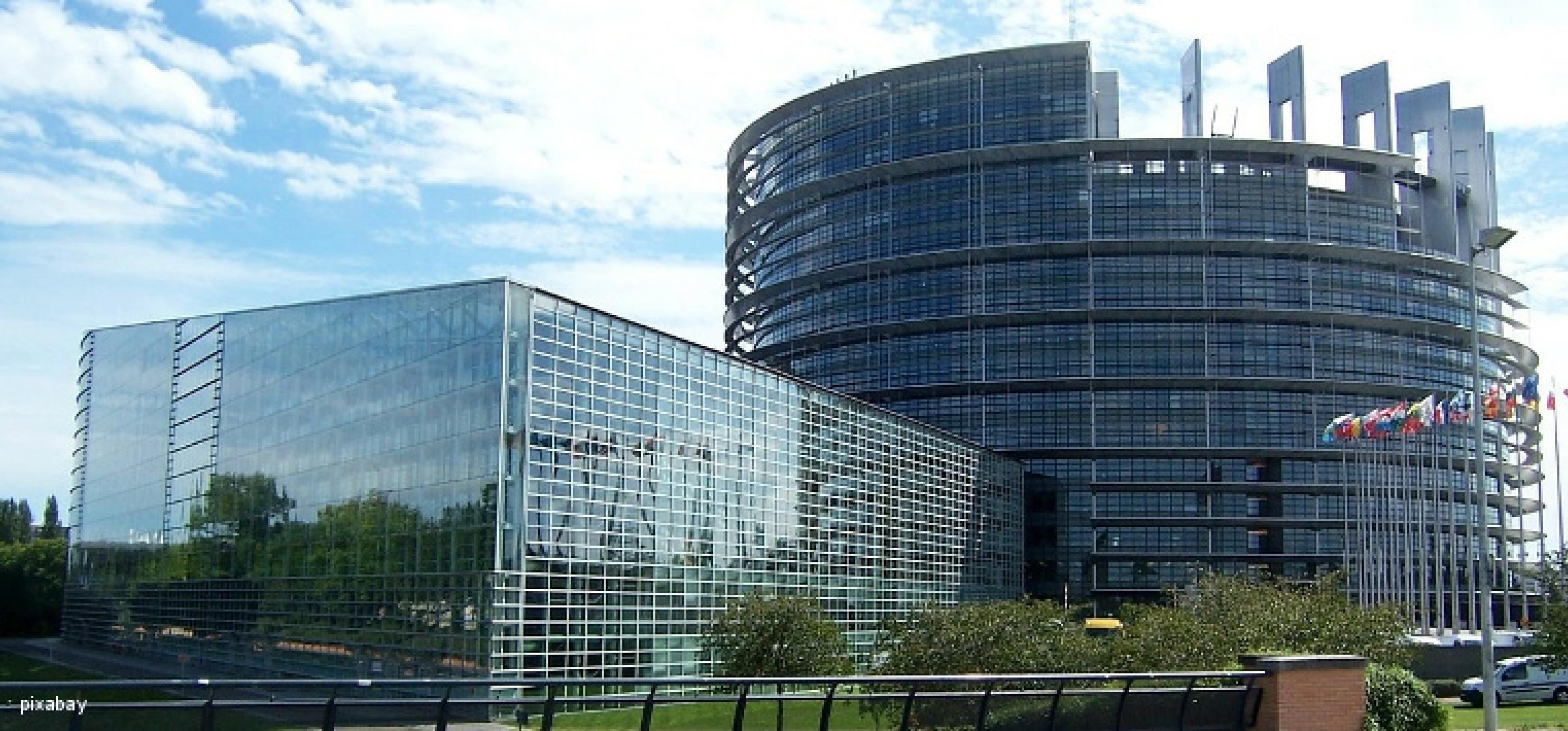 Parlamentsgebäude der EU in Straßburg: ein zylinderförmiges und ein rechteckiges Gebäude mit Glasfassaden
