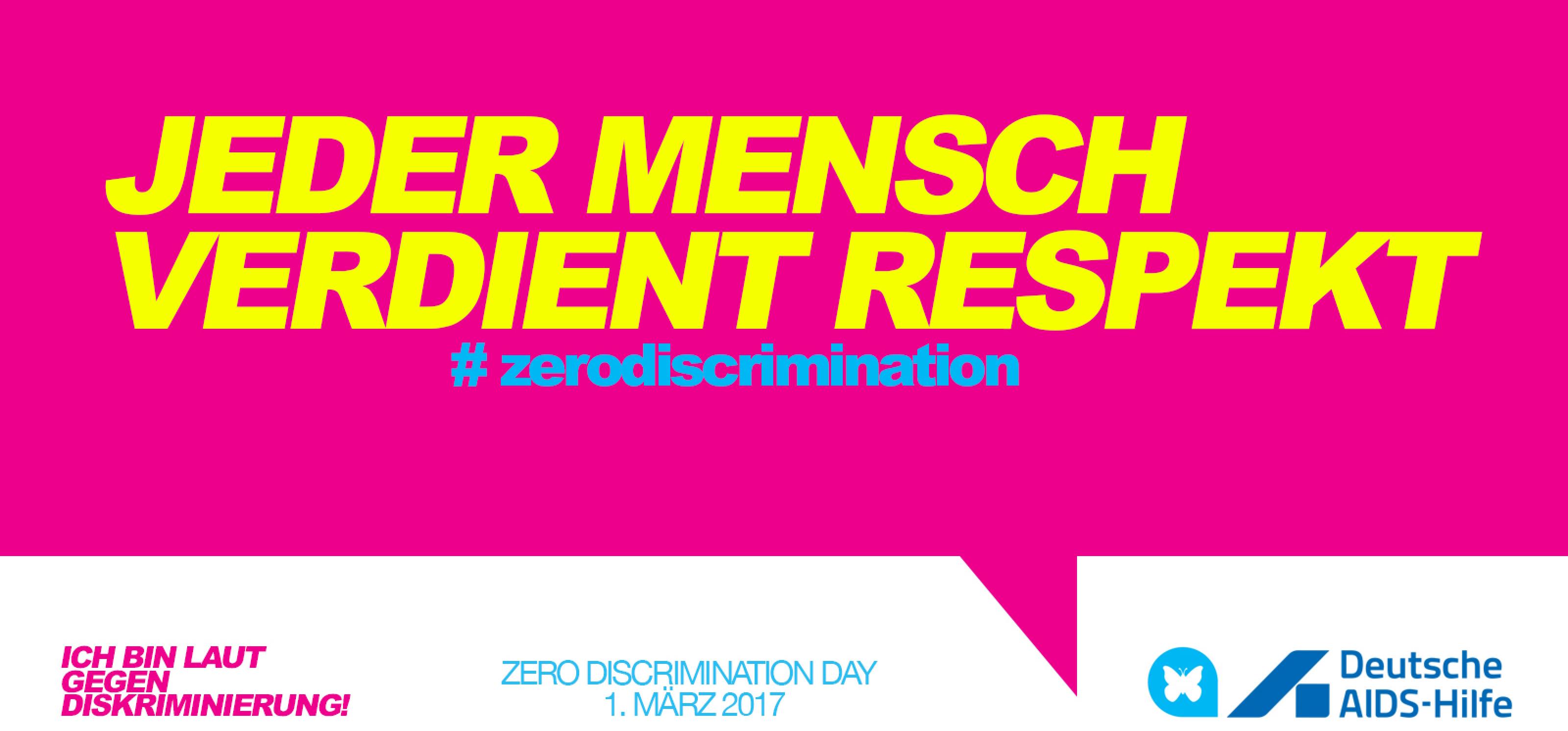 Auf einer pinken Sprechblase steht der Text "Jeder Mensch verdient Respekt. Zero Discrimination."